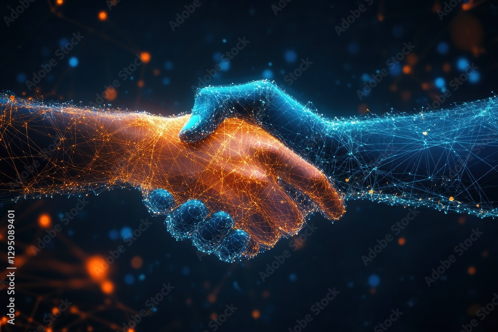Poster glowing handshake symbolizes abstract business connections and partnerships in a digital landscape. 