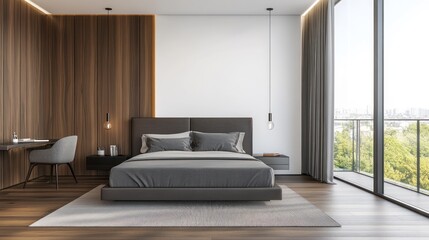 Modern bedroom with wood wall, large bed, and city view.