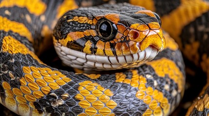 Fototapeta premium Close-up of a coiled venomous snake, intricate patterns, studio background