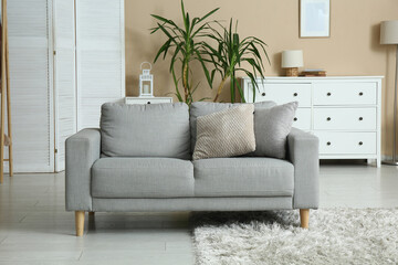 Interior of light living room with folding screen and sofa near beige wall