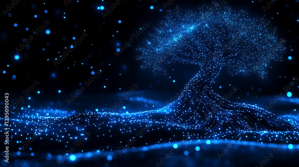 Poster a glowing artificial intelligence tree with circuit board connections in a digital forest, represent