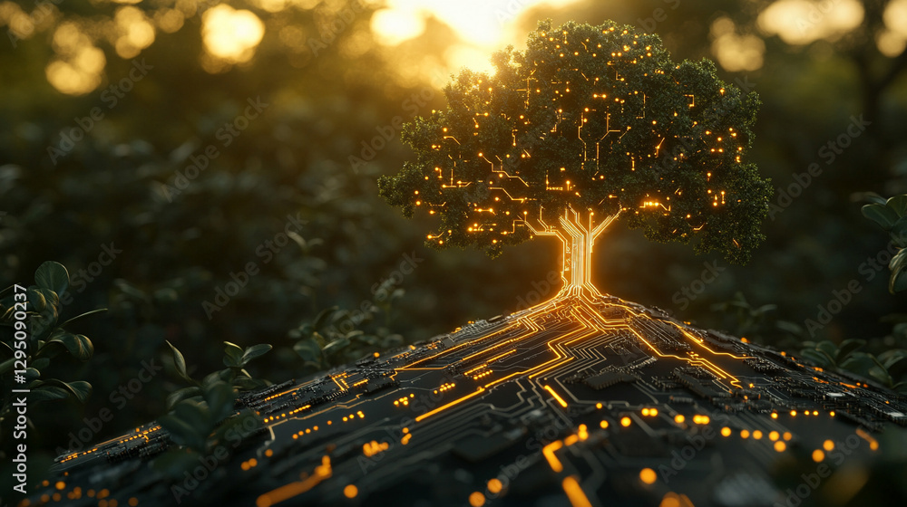Poster a glowing artificial intelligence tree with circuit board connections in a digital forest, represent