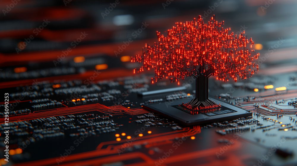 Poster a glowing artificial intelligence tree with circuit board connections in a digital forest, represent