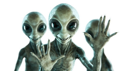 Smiling aliens waving greeting in futuristic arrival scene with white png background for sci-fi and fantasy design projects.