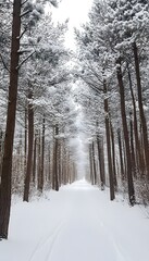 Fototapeta premium Snowy winter forest path lined with tall pine trees