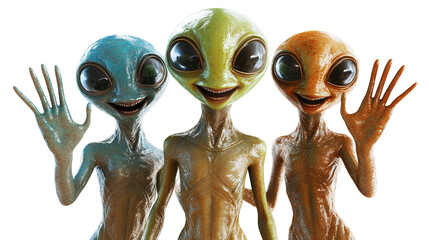 Smiling aliens waving greeting in futuristic arrival scene with white png background for sci-fi and fantasy design projects.