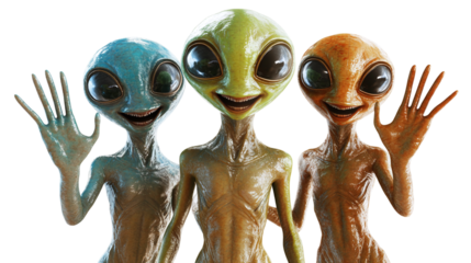 Smiling aliens waving greeting in futuristic arrival scene with white png background for sci-fi and fantasy design projects.