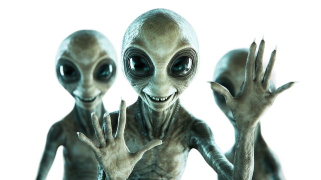 Smiling aliens waving greeting in futuristic arrival scene with white png background for sci-fi and fantasy design projects.
