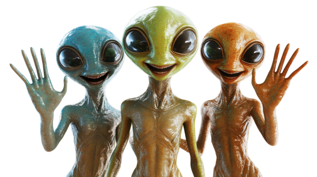 Smiling aliens waving greeting in futuristic arrival scene with white png background for sci-fi and fantasy design projects.