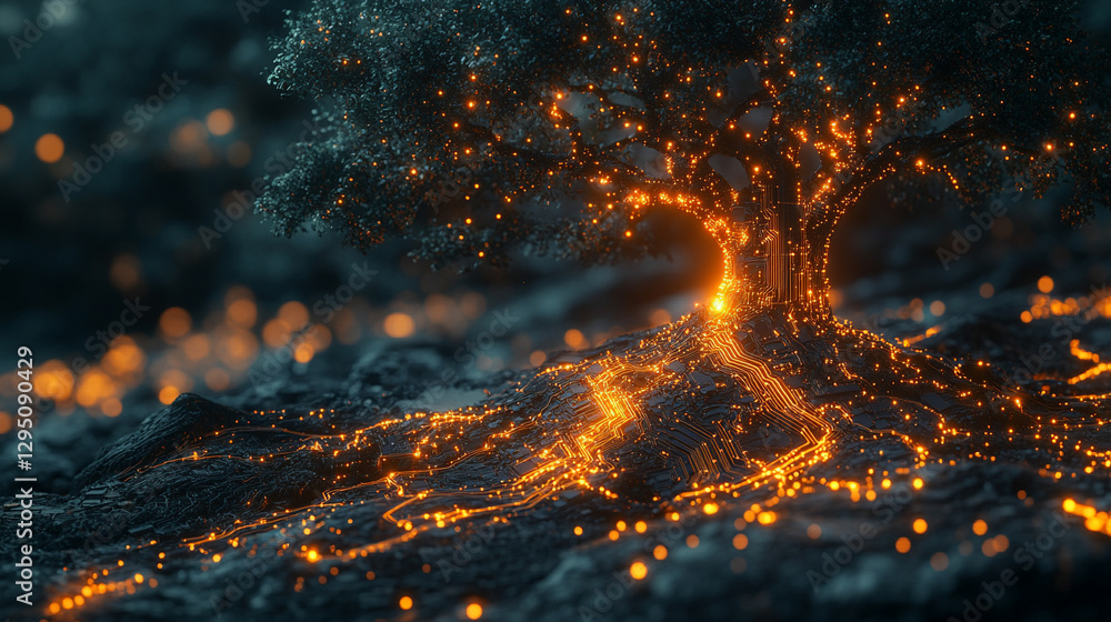 Poster a glowing artificial intelligence tree with circuit board connections in a digital forest, represent