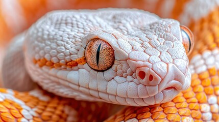 Obraz premium Close-up of a pale orange and white snake's head, coiled, in a soft focus background