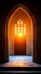 Golden Sunlight Through Gothic Arch Door