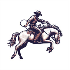 A cowboy on a rearing horse, swinging a lasso