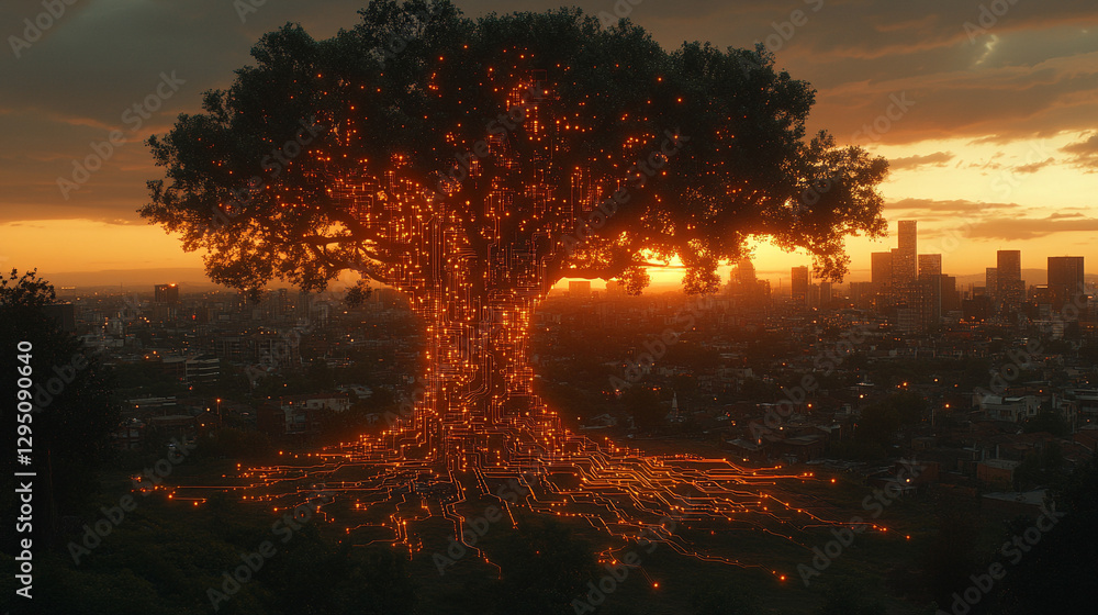 Poster a glowing artificial intelligence tree with circuit board connections in a digital forest, represent