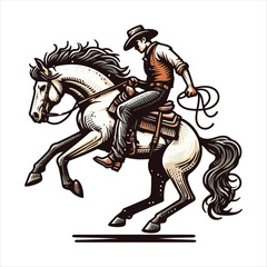 A cowboy on a rearing horse, swinging a lasso