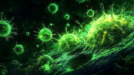 Microscopic View of Viruses and Bacteria in a Dark Environment with Green Luminescence