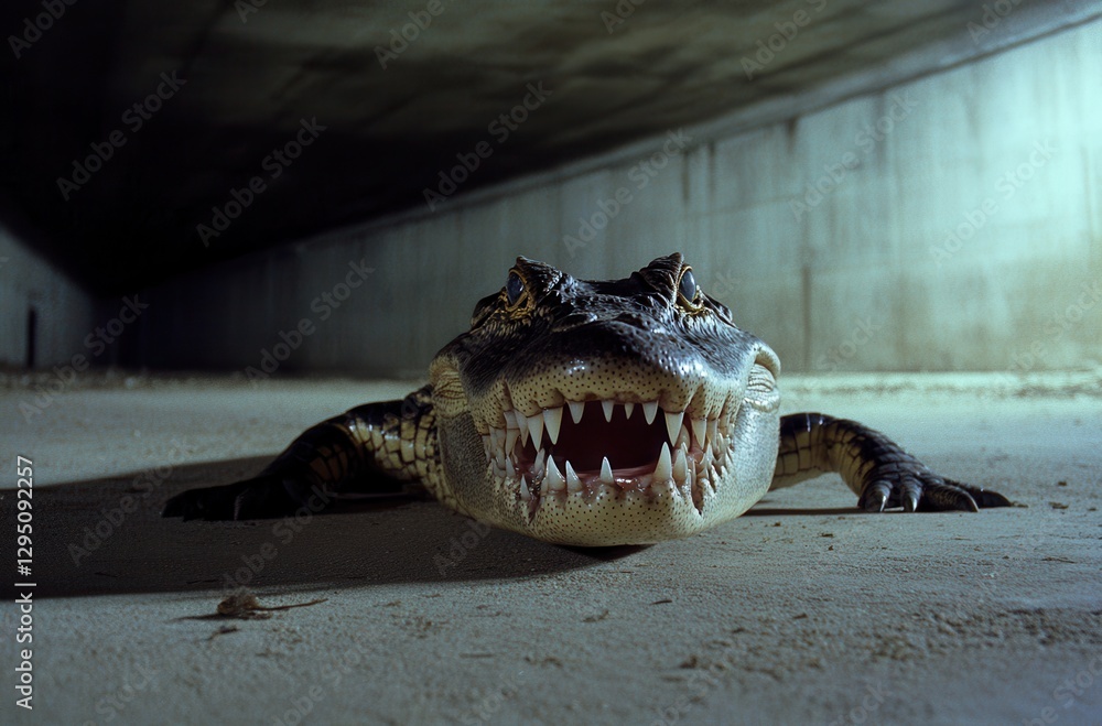 Poster alligator with mouth open revealing sharp teeth in a dark underpass setting, capturing nature's pred