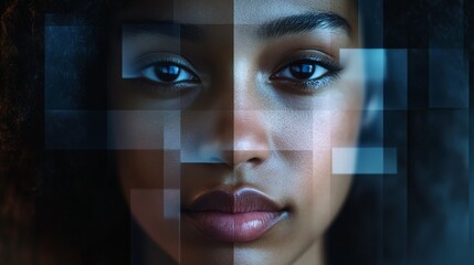 Close-up of a woman's face with a digital overlay, showcasing technology and identity exploration