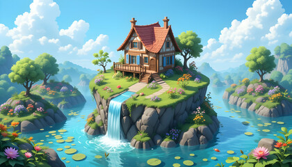 Quaint House on Cliffside Island with Waterfall and Lush Scenery