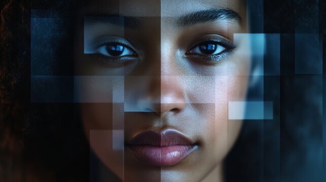Close-up of a woman's face with a digital overlay, showcasing technology and identity exploration