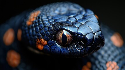 Fototapeta premium Close-up of a vibrant blue and orange snake's head on a dark background