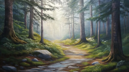 Fototapeta premium morning in the woods, Illustration style forest, Foggy forest