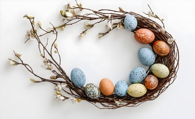 Top down view of an Easter border frame of robin's eggs and chocolate eggs with white background copy space in the middle