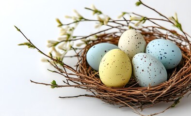 Fototapeta premium Top down view of an Easter border frame of robin's eggs and chocolate eggs with white background copy space in the middle