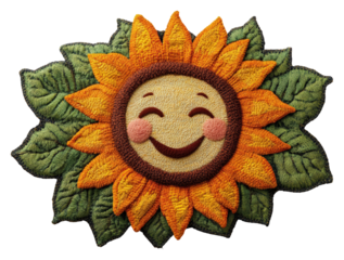 Cheerful sunflower emblem garden graphic design bright smiling. Patch design isolated