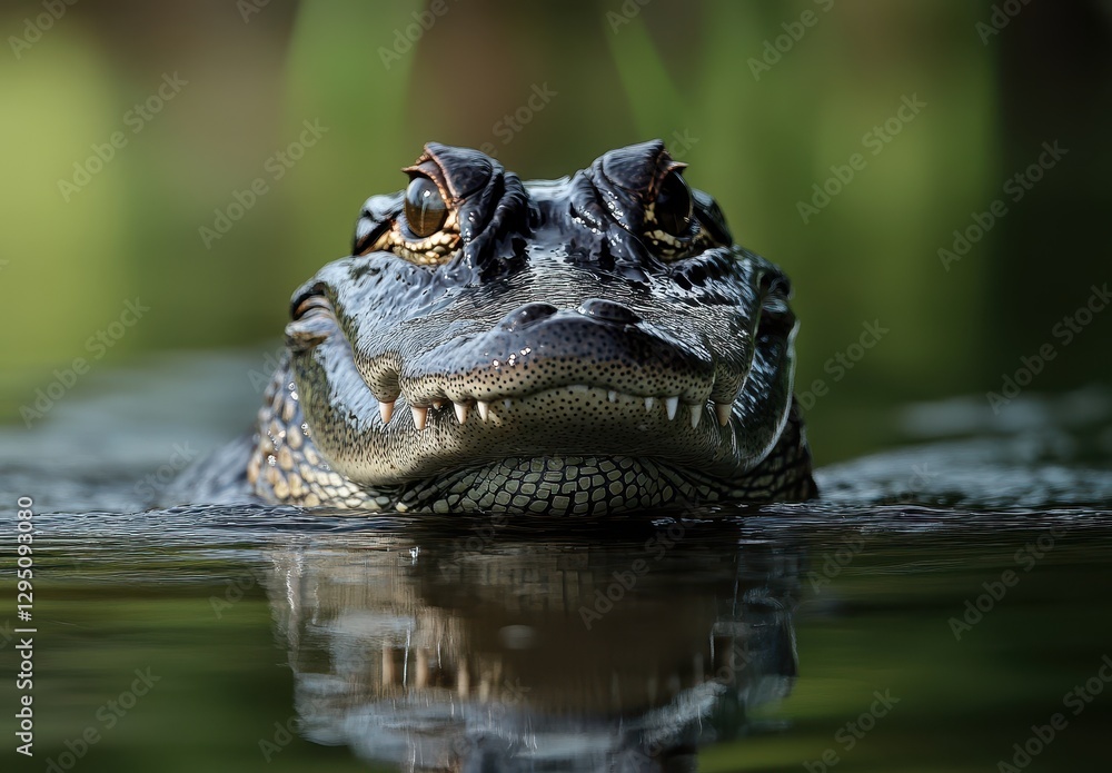 Poster close-up image of an alligator emerging from the water with sharp teeth and intricate scales, captur