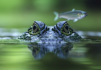 Fototapeta premium Close Up of a Frog Emerging from Water with a Swimmer Fish in the Background in a Lush Green Natural Habitat Scene