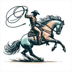 A cowboy on a rearing horse, swinging a lasso