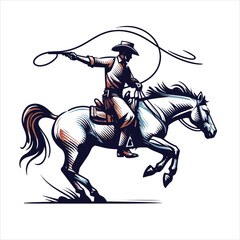 A cowboy on a rearing horse, swinging a lasso