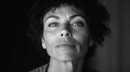 Close-up portrait of a confident woman with curly hair, showcasing her expressive features and deep gaze