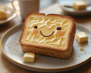 slice of toast with smiling face made of butter sits on plate, creating cheerful breakfast scene