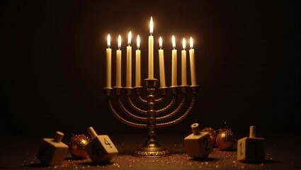 Fototapeta premium A menorah lights up the scene, surrounded by traditional dreidels and holiday decorations. The warm glow creates a cozy atmosphere perfect for celebrating Hanukkah. Generative, AI,