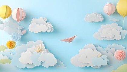 Obraz premium Paper airplane soars through a whimsical sky with balloons