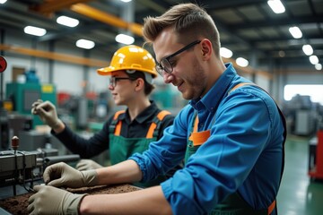 Two Young Adults, a Male and Female, Working in an Industrial Workshop, Engaged in Precision Machining Tasks with Protective Gear in a Manufacturing Facility