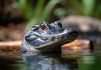Close-Up of a Crocodile Head Emerging from Calm Water with Natural Background and Sharp Features in Tropical Environment