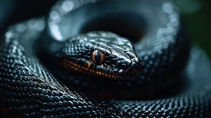 Fototapeta premium Close-up of coiled black snake in the dark