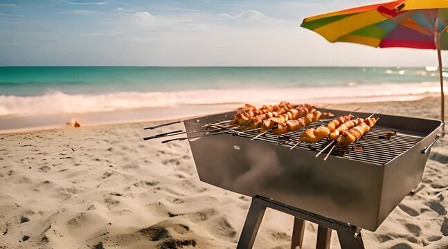 Grills chicken satay on a sunny beach, with golden sand and turquoise waves in the background