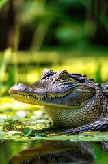 Fototapeta premium Close-Up of a Crocodile Relaxing on the Shore Amidst Lush Greenery and Water Reflections in a Serene Natural Habitat Setting