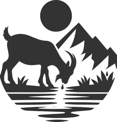 Goat lowering its head to drink from a mountain stream animal vector silhouette