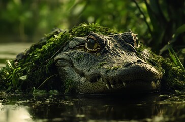Fototapeta premium Close-up of a crocodile resting in a serene wetland, surrounded by lush greenery and tranquil water, showcasing its textured skin and captivating eyes