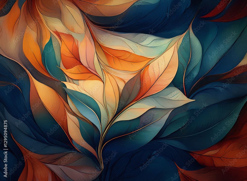 Aufkleber abstract leaves in warm and cool hues create a vibrant background. organic shapes blend in artistic 
