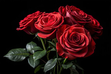 high quality realistic rose bouquet isolated on black background Dark background, vibrant red roses, dramatic lighting, high contrast, botanical photography, lush petals, 