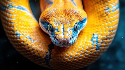 Fototapeta premium Close-up of coiled, orange and blue snake, dark background, bokeh effect