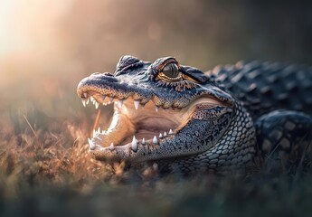 Obraz premium Close-Up of a Crocodile with Open Mouth Showing Sharp Teeth Glowing in Soft Natural Light Among Soft Grass in Warm Sunset Atmosphere