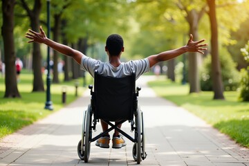 Empowered Young Black Male in a Wheelchair Enjoying Nature with Outstretched Arms on a Sunny Day in a Lush Park Setting