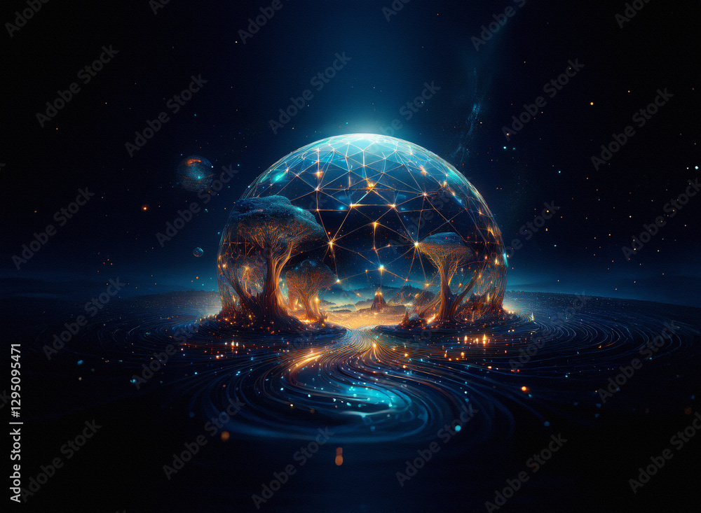 Poster a luminous sphere with a network and tree-like lights reflects on a swirling dark surface. starry ba